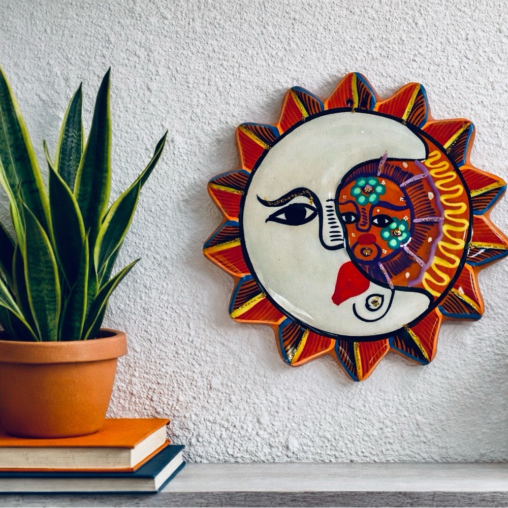 Hand-Painted Mexican Talavera Sun & Moon Eclipse Wall Hanging – Folk Art Plaque - Picture 2 of 7